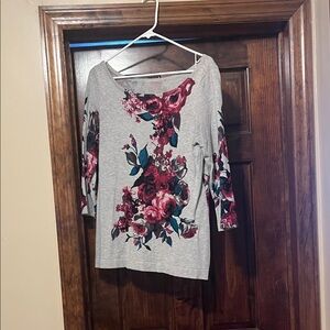 Floral Gray Top with Pink and Red Accents